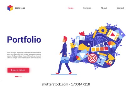 Cartoon Flat Modern Trendy Website Interface For Art Studio, Designer Agency With Freelancer Artist Character And Artwork Cloud Vector Illustration. Creative Idea, Digital Portfolio Online Design