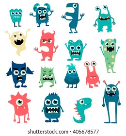 Cartoon Flat Monsters Big Set Icons. Colorful Kids Toy Cute Monster. Vector EPS10
