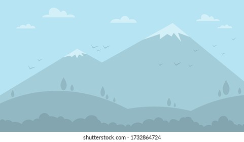 Cartoon flat mountains with snow, hills, and clouds. Flying birds, bush and trees. In blue tones. Vector landscape background.