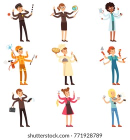 Cartoon flat multitasking characters set. Men and women with many hands. People of different professions. Vector collection