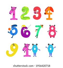 Cartoon flat number character set doodle set for kids. Colorful happy numbers. Collection of numbers for children studying mathematics