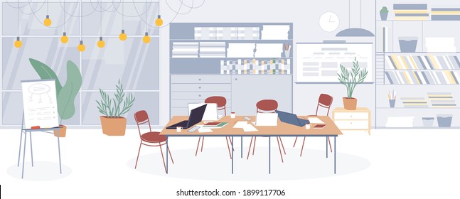 Caricatura de interior de oficina plana. Flujo de trabajo del concepto de personas de negocios