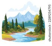 Cartoon flat panorama beautiful nature, green grasslands meadow with pine forest, scenic blue river, spring summer landscape vector illustration