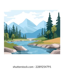 Cartoon flat panorama beautiful nature, green grasslands meadow with pine forest, scenic blue river, spring summer landscape vector illustration
