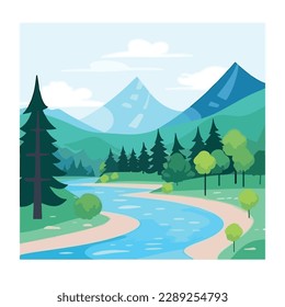 Cartoon flat panorama beautiful nature, green grasslands meadow with pine forest, scenic blue river, spring summer landscape vector illustration