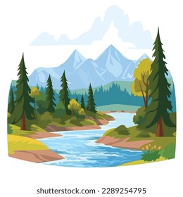 Caricatura panorámica plana hermosa naturaleza, prado de praderas verdes con pinar, pintoresco río azul, paisaje de verano primavera ilustración vectorial