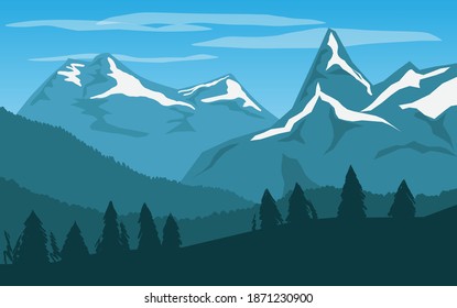 Cartoon flat panorama of landscape, mountains on horizon background in blue colours. Vector illustration.
