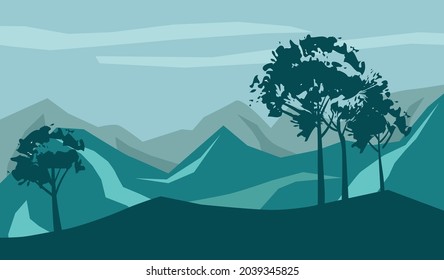 Cartoon flat panorama of landscape, mountains on horizon background with a tree in blue colours. Vector illustration.