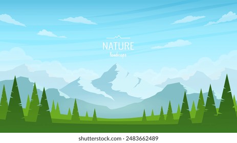 Cartoon flat panorama of a mountain landscape. Green valleys and trees, mountains on the horizon, blue sky and clouds. Summer day in the mountains. Vector illustration.	