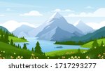 Cartoon flat panorama of spring summer beautiful nature, green grasslands meadow with flowers, forest, scenic blue lake, mountains on horizon background, mountain lake landscape vector illustration