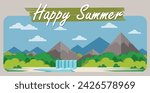 Cartoon flat panorama of spring summer beautiful nature, green grasslands, forest, scenic waterfall, mountains on horizon background. landscape vector illustration