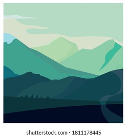 Cartoon flat panorama of spring summer beautiful nature, green grasslands meadow with flowers, forest and mountains on horizon background