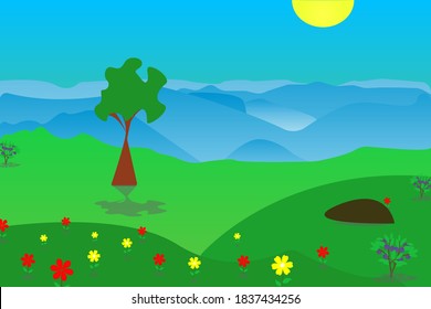 Cartoon flat panorama spring summer beautiful nature, green meadows, meadow with flowers, mountains on the horizon background, landscape vector illustration