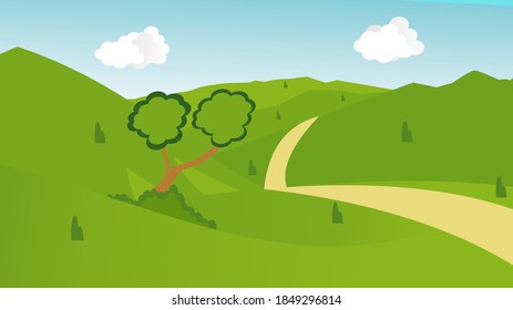 Cartoon flat panorama of spring summer beautiful nature, green grasslands meadow with flowers, forest, scenic blue lake, mountains on horizon background, mountain lake landscape vector illustration