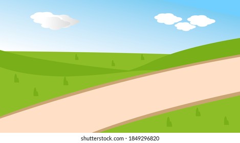 Cartoon flat panorama of spring summer beautiful nature, green grasslands meadow with flowers, forest, scenic blue lake, mountains on horizon background, mountain lake landscape vector illustration