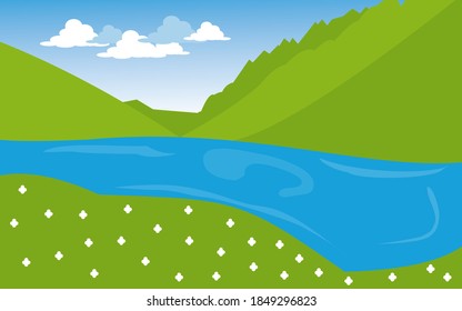 Cartoon flat panorama of spring summer beautiful nature, green grasslands meadow with flowers, forest, scenic blue lake, mountains on horizon background, mountain lake landscape vector illustration