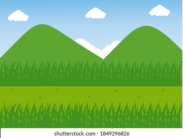 Cartoon-Flachpanorama von Frühlingssommer Schöne Natur, grüne Grasland-Wiese mit Blumen, Wald, malerblauer See, Berge auf Horizonthintergrund, Bergsee-Landschaft Vektorgrafik