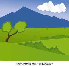 Cartoon-Flachpanorama von Frühlingssommer Schöne Natur, grüne Grasland-Wiese mit Blumen, Wald, malerblauer See, Berge auf Horizonthintergrund, Bergsee-Landschaft Vektorgrafik
