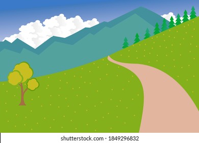 Caricatura panorámica plana de verano primavera hermosa naturaleza, prado de praderas verdes con flores, bosque, pintoresco lago azul, montañas en el fondo del horizonte, paisaje de lago montañoso ilustración vectorial
