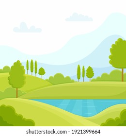 Cartoon flat panorama of spring summer beautiful nature, green grasslands meadow, forest, scenic blue lake, mountains on horizon background, mountain lake landscape vector illustration