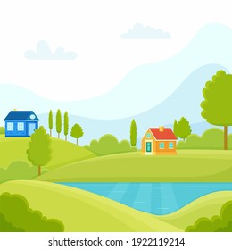 Cartoon flat panorama of spring summer beautiful nature, green grasslands meadow, forest, scenic blue lake, mountains