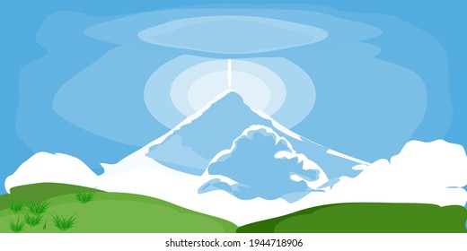 Cartoon flat panorama of spring summer beautiful nature,green grasslands meadow with scenic blue sky,mountain on horizon background. Vector illustration. 