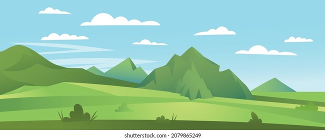Panorama plano de caricatura de la hermosa naturaleza del verano de primavera, prado de praderas verdes con montañas en el fondo del horizonte, paisaje montañoso de verano, amanecer sobre el valle. Ilustración del vector