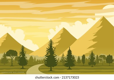 Cartoon flat panorama of spring summer beautiful nature, green grasslands meadow with flowers, forest, scenic blue lake, mountains on horizon background, mountain lake landscape vector illustration