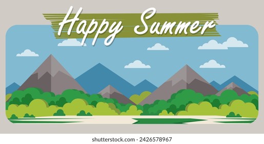 Cartoon flat panorama of spring summer beautiful nature, green grasslands, forest, scenic waterfall, mountains on horizon background. landscape vector illustration