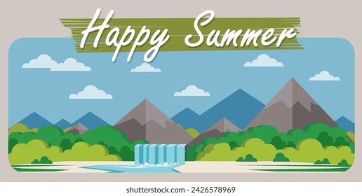 Cartoon flat panorama of spring summer beautiful nature, green grasslands, forest, scenic waterfall, mountains on horizon background. landscape vector illustration