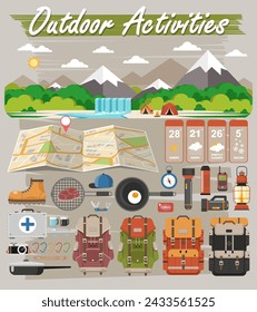 Cartoon flat panorama of spring summer beautiful nature with Camping equipment. Base camp gear and accessories. Green grasslands, forest, scenic waterfall, mountains.