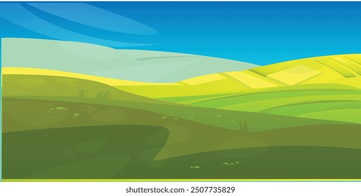 Cartoon flat panorama of spring summer beautiful nature, green grasslands meadow with mountains on horizon background, summer mountain landscape, dawn over the valley. Vector illustration