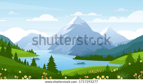 Cartoon flat panorama of spring summer beautiful nature, green grasslands meadow with flowers, forest, scenic blue lake, mountains on horizon background, mountain lake landscape vector wallpaper illustration. 