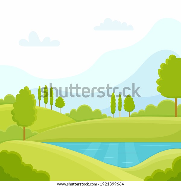 Cartoon flat\
panorama of spring summer beautiful nature, green grasslands\
meadow, forest, scenic blue lake, mountains on horizon background,\
mountain lake landscape vector\
illustration