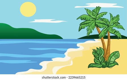 Cartoon flat panoramic beach landscape. Vector illustration.