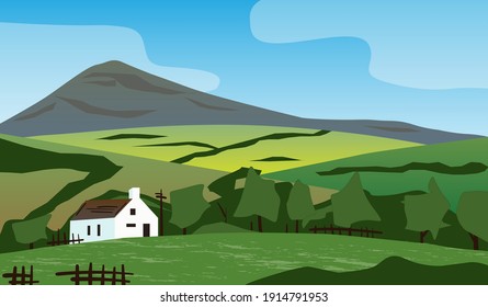 Cartoon flat panoramic landscape, farm with mountains on horizon background. Vector illustration.