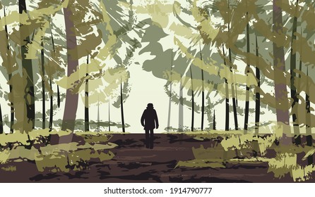 Cartoon flat panoramic landscape, forest with a person. Vector illustration.