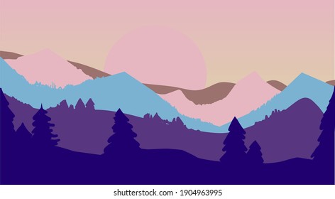 Cartoon flat panoramic landscape, mountains on horizon background. Vector illustration.