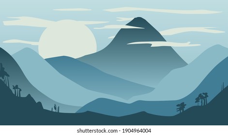 Cartoon flat panoramic landscape, mountains on horizon background. Vector illustration.