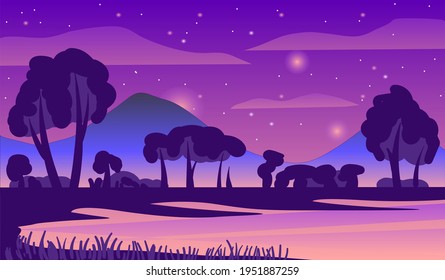 Panorama panorámico plano de caricatura, montañas sobre el fondo del horizonte. Ilustración vectorial.