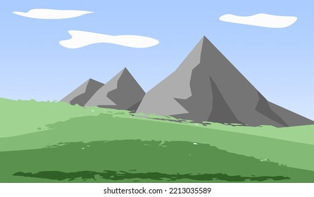 Panorama panorámico plano de caricatura, montañas sobre el fondo del horizonte. Ilustración vectorial.