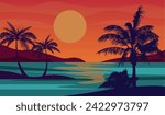 Cartoon flat panoramic landscape, sunset with the palms on colourful background. Vector illustration.