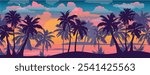 Cartoon flat panoramic landscape, sunset with the palms on colourful background. Vector illustration.