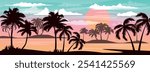 Cartoon flat panoramic landscape, sunset with the palms on colourful background. Vector illustration.