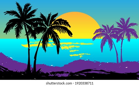 Cartoon Flat Panoramic Landscape, Sunset With The Palms On Colourful Background. Vector Illustration.