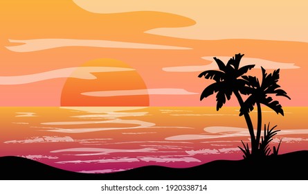 Cartoon flat panoramic landscape, sunset with the palms on colourful background. Vector illustration.