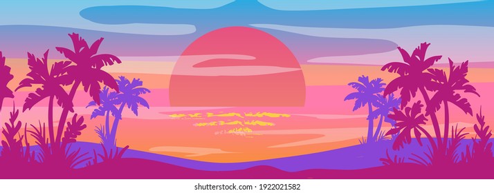 El paisaje panorámico plano de caricatura, la puesta de sol con las palmeras sobre un fondo colorido. Ilustración vectorial.