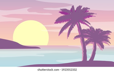 Cartoon flat panoramic landscape, sunset with the palms on colourful background. Vector illustration.