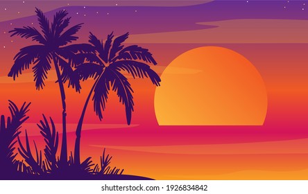 Cartoon Flat Panoramic Landscape, Sunset With The Palms On Colourful Background. Vector Illustration.