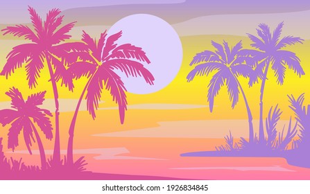 Cartoon flat panoramic landscape, sunset with the palms on colourful background. Vector illustration.